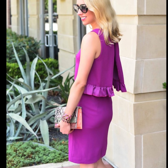 Trina Turk Amethyst Purple Tieges Ruffle Popover Crepe Sheath Day Dress NWT 10 - Picture 2 of 16